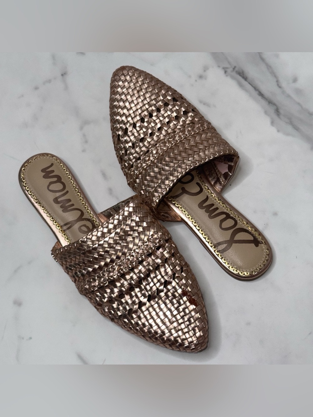 Sam Edelman Natalia Metallic Rose Gold Woven Pointed Toe Mule Slides Size 7